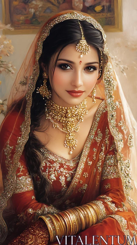 Bridal portrait in red lehenga with heavy gold jewelry.