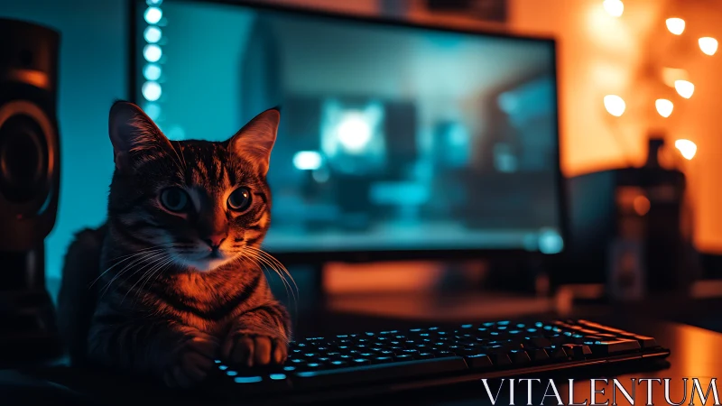 Tabby cat on keyboard in neon lit computer workspace.