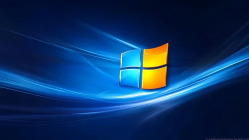 Windows logo glows over abstract blue light waves wallpaper.