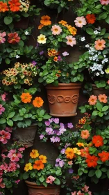 Vertical Garden Composition with Terracotta Pots and Mixed Flowering Plants