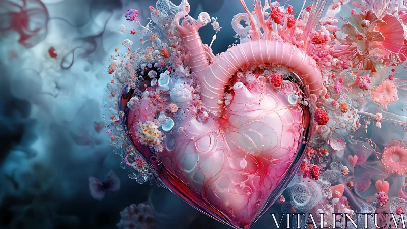 Bioluminescent crystal heart wrapped in blooming coral forms.