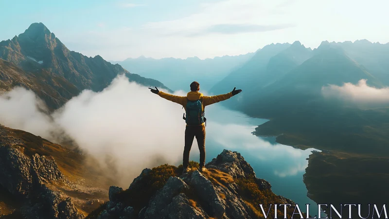 Mountain trekker overlooking misty alpine lake panorama.