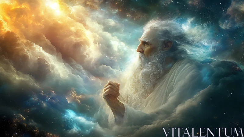 Elderly bearded man in glowing cosmic clouds, profile view.