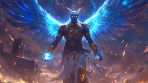Celestial warrior with luminous blue wings dominates skyline