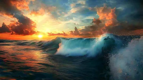 Sunset light strikes breaking ocean wave under dense clouds