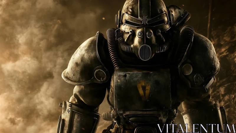 Steel titan strides through dust-choked postwar twilight