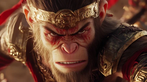Fierce warrior monkey king glares forward in molten light