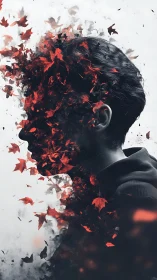 Side profile silhouette dissolving into red falling leaves.