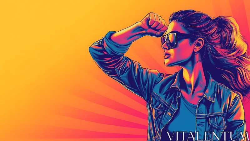 Confident woman in sunglasses, vibrant pop art style illustration.