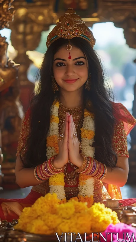 Garlanded devotion glows as a young deity-like girl smiles