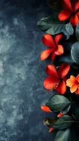 Red flowers on dark textured surface arrangement.