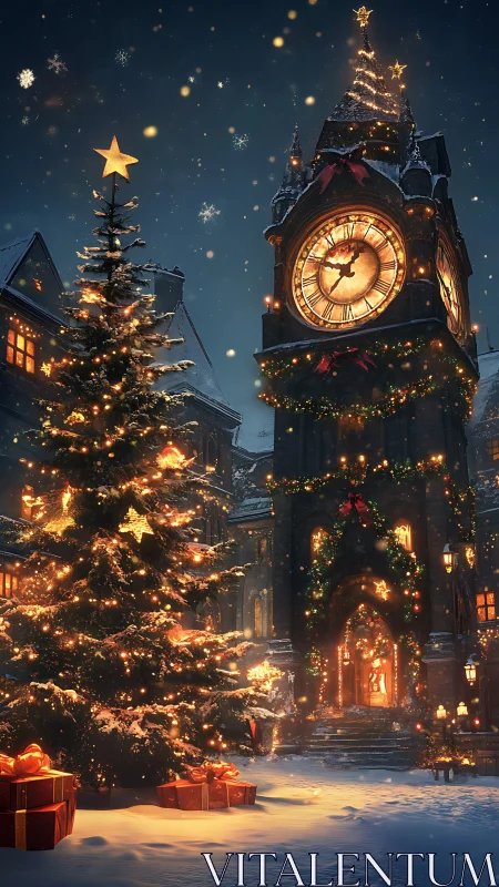 Snow covered town clock tower with decorated tree at night.