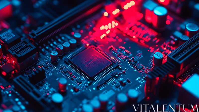Cyberpunk motherboard macro with neon red circuit illumination.