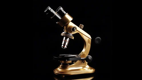 Golden laboratory microscope gleams like scientific jewelry.