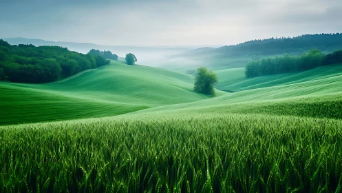 Soft morning mist rolls over gentle green country hills