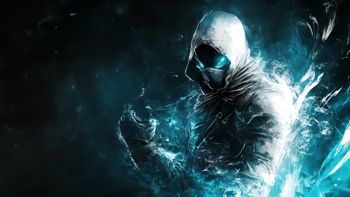 Hooded frost phantom erupts from neon shadows in mid-strike