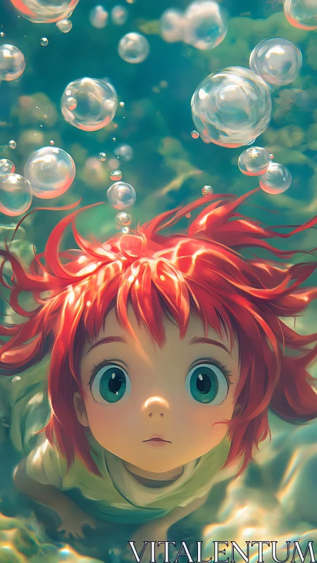 Wonderstruck child drifting through sunlit underwater bubbles.