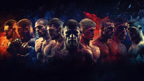 Composite portrait of male fighters rendered with dynamic light and color separation