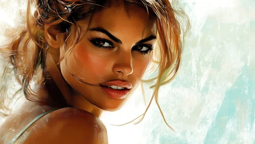 Digital portrait of woman with windswept hair and gaze.