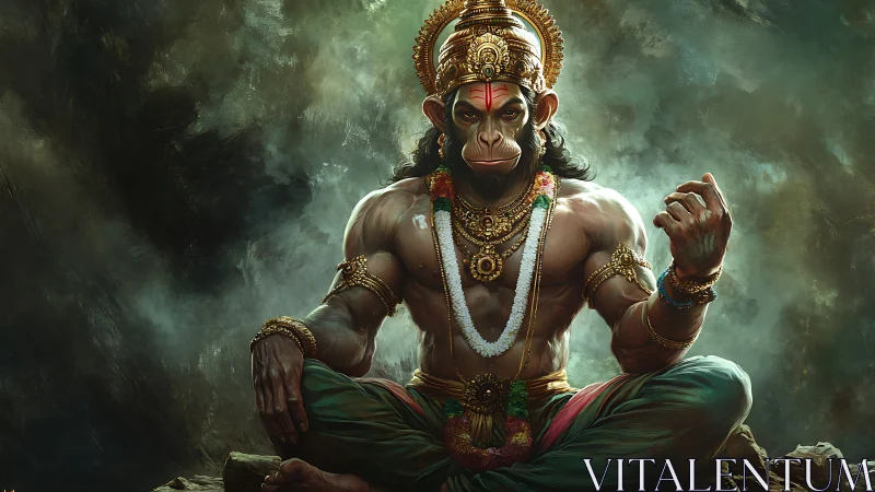 Stormlit monkey deity in meditative, warrior stillness poised.