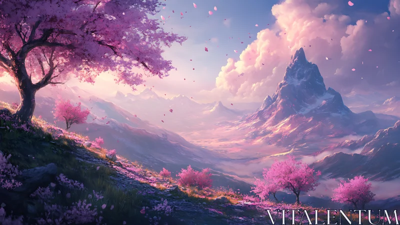 Chromatic sakura valley under atmospheric alpine massif.