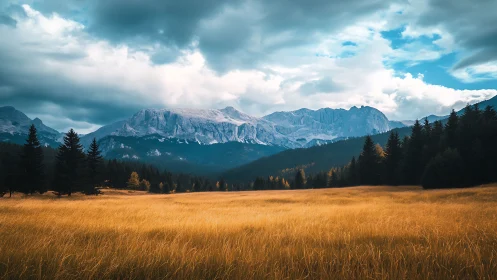 Golden mountain meadow stretches toward calm, misty peaks