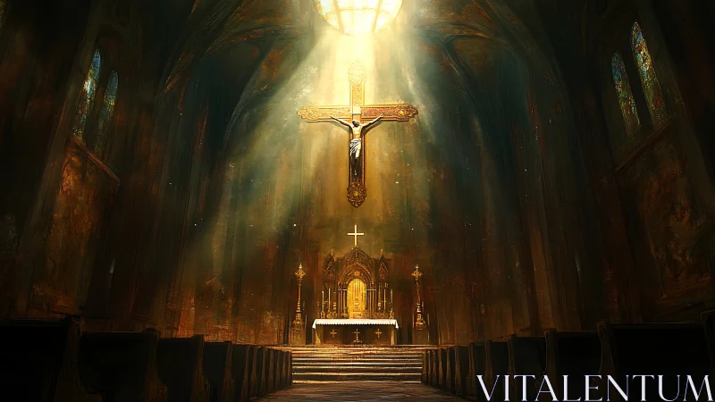 Golden light pours over a quiet cathedral altar in peace