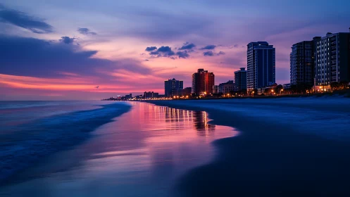 Seaside skyline drinks twilight silk in neon sunset glow.