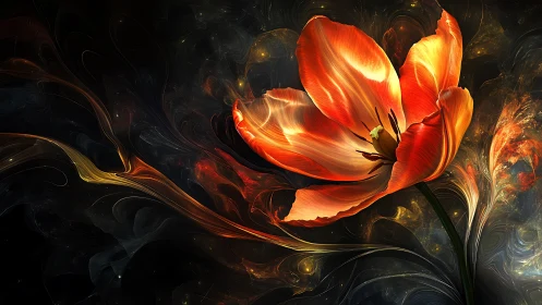 Radiant orange flower drifting through dark abstract space.