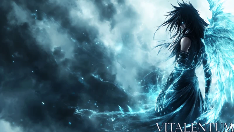 Winged nocturnal entity in turbulent luminescent stormfield.