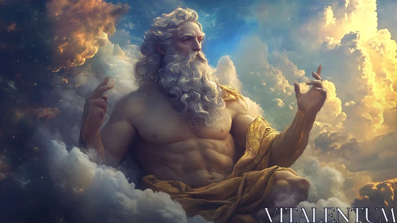 Muscular bearded deity sits in glowing clouds at sunset