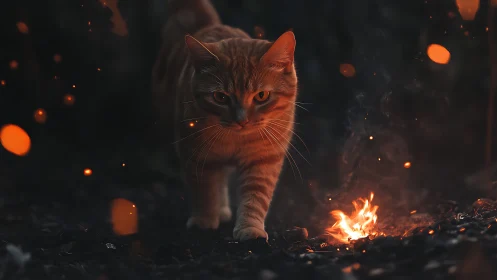 Feline Guardian Emerges from Flames and Darkness.