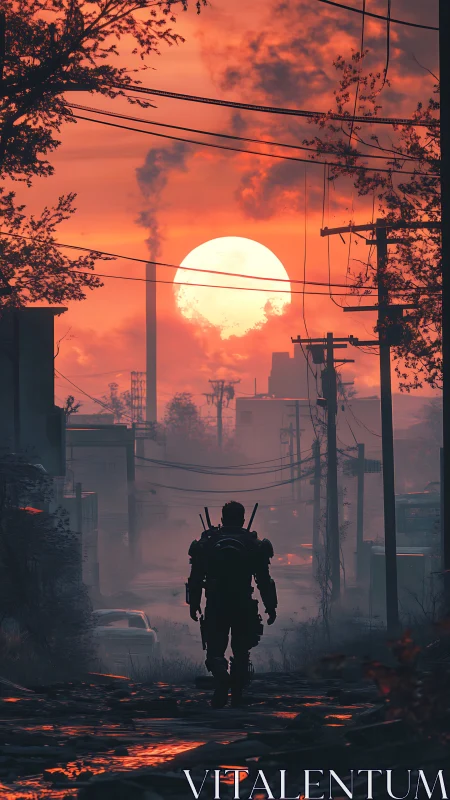 Lone armored wanderer crossing molten urban wasteland at dusk.
