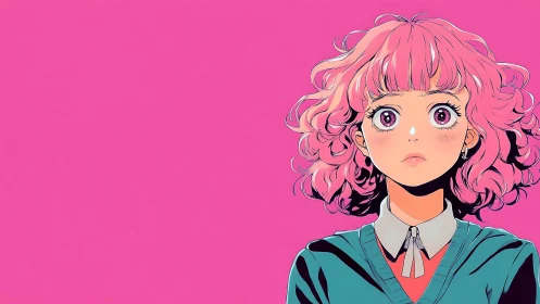 Curly pink haired anime girl on bold magenta backdrop.