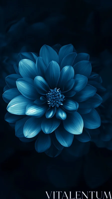 Blue dahlia flower displayed against dark background with layered petals.