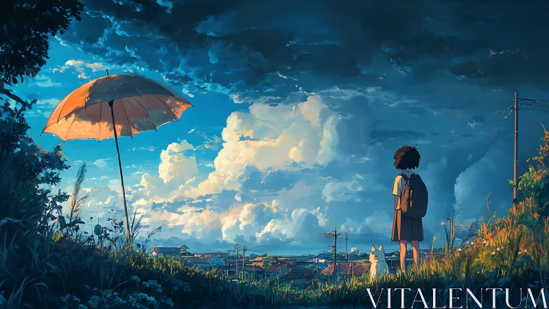 Girl and dog watch stormy sunset sky over quiet town.