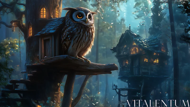 Gentle owl guardian watching over a cozy forest treehouse.