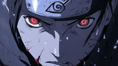 Injured ninja with glowing red eyes stares into darkness