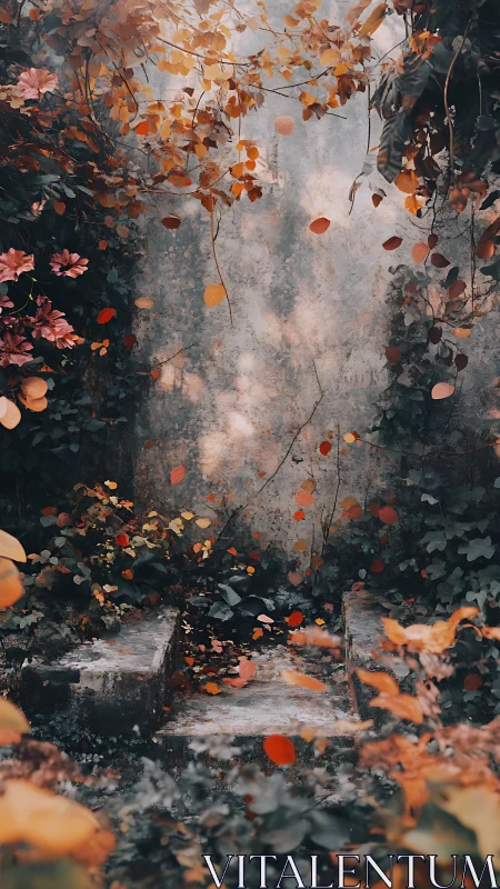 Secret garden corner glows softly under drifting autumn leaves