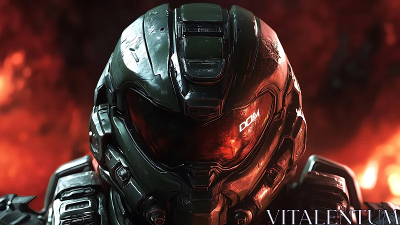 Armored exosuit helmet rendered with high-specular PBR shading under lava backlight