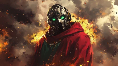 Cloaked cybernetic warrior emerges from blazing inferno.