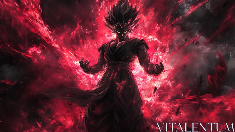 Dark warrior radiates crimson energy in storming void