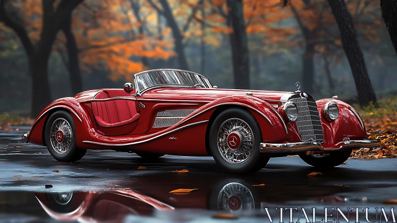 Classic red roadster parked on wet forest roadway