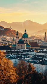 Golden hour over domes and rooftops in alpine Salzburg.