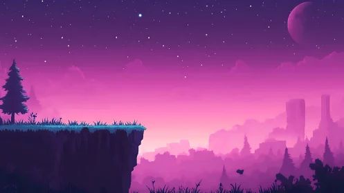 Neon twilight cliff overlooks misty sci fi valley