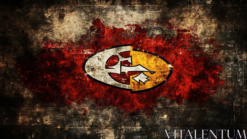 Distressed football emblem on grunge red and ochre field.