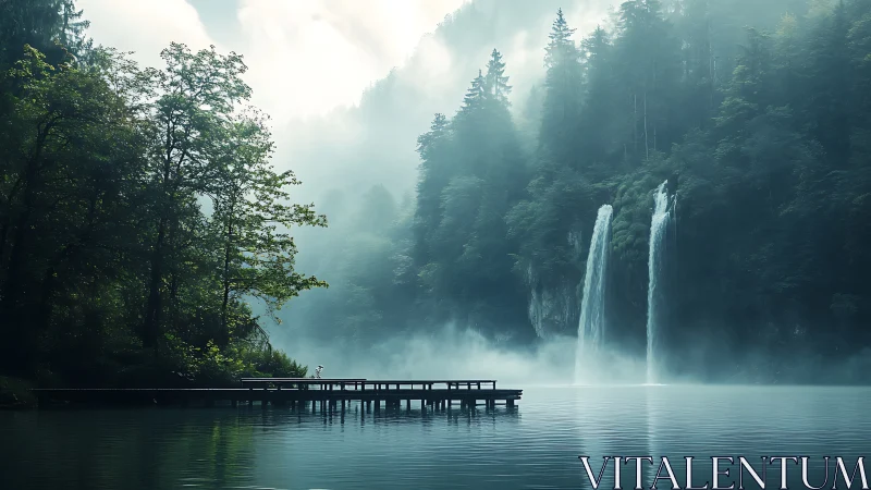 Cinematic misty lake with pier and twin waterfall backdrop.