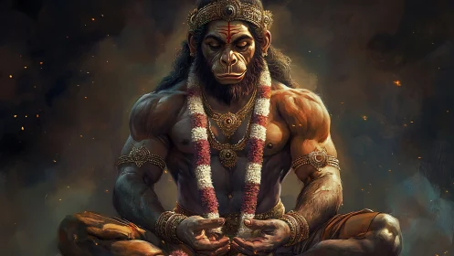 Muscular monkey-headed deity sits cross-legged in meditation
