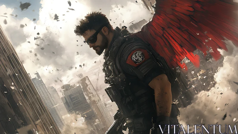 Red-winged urban guardian pauses amid swirling city ruins