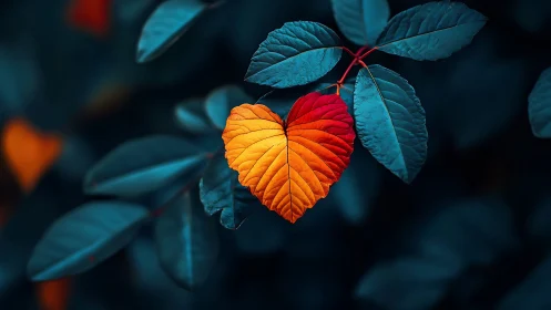 Heart shaped autumn leaf in vivid contrasting colors.